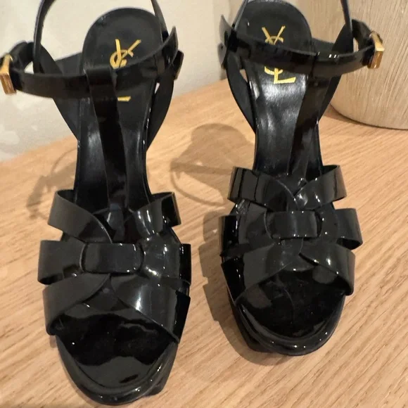 Saint Laurent Black Patent T-Strap Heels with Gold Logo - Picture 2 of 16